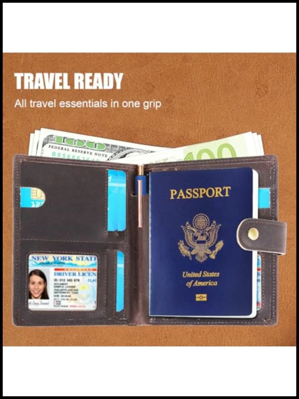 Full Grain Leather Passport Wallet RFID Blocking Travel Organizer with Notebook